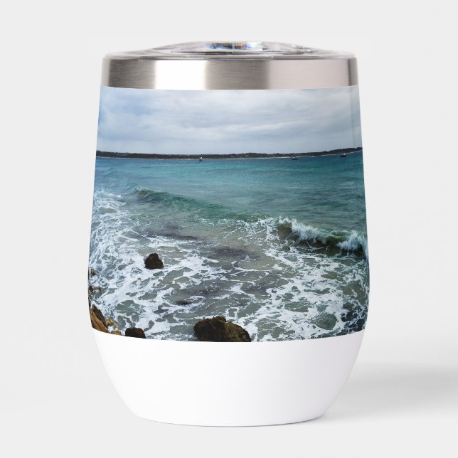 Waves And Fishing Boats On The Ocean,  Thermal Wine Tumbler (Front)
