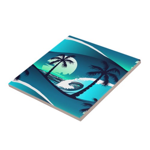 Waves and palm trees ceramic tile
