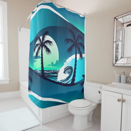 Waves and palm trees shower curtain