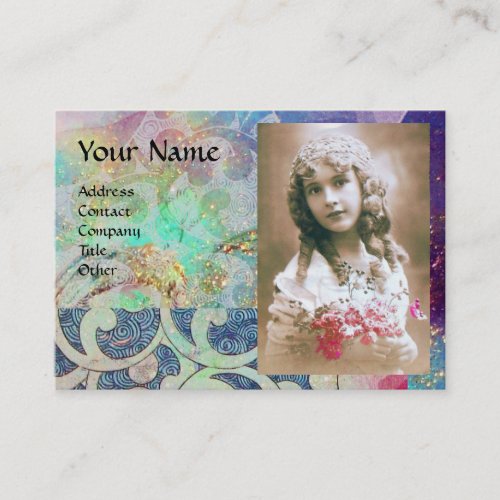 WAVES AQUA BLUE TEAL FLORAL SWIRLS PHOTO TEMPLATE BUSINESS CARD