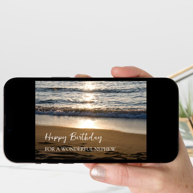 Waves at Sunset Beach Nephew Birthday Card (Front Digital)