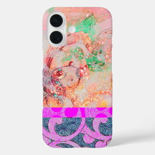 WAVES / Bright Pink Purple Swirls in Gold Sparkles iPhone 16 Case