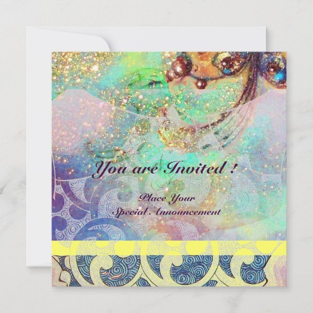 WAVES , bright yellow blue green pink gold sparkle Invitation (Front)