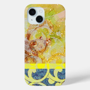 WAVES / Bright Yellow Blue Swirls in Gold Sparkles iPhone 15 Case