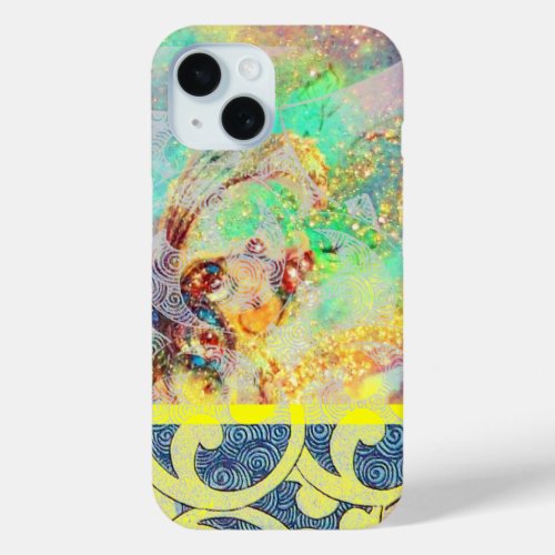 WAVES  Bright Yellow Blue Swirls in Gold Sparkles iPhone 15 Case