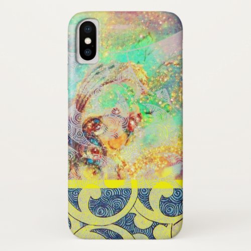 WAVES  Bright Yellow Blue Swirls in Gold Sparkles iPhone X Case