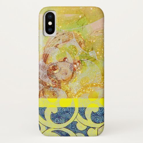 WAVES  Bright Yellow Blue Swirls in Gold Sparkles iPhone X Case