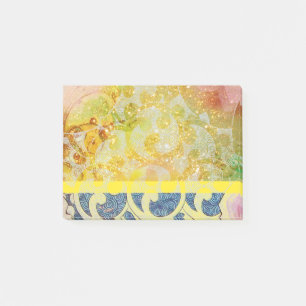 WAVES / Bright Yellow Blue Swirls in Gold Sparkles Post-it Notes