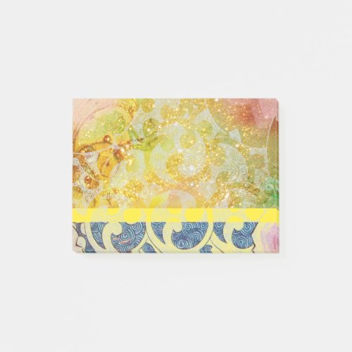 WAVES  Bright Yellow Blue Swirls in Gold Sparkles Post_it Notes