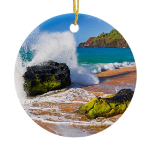 Waves crash on the beach, Hawaii Ceramic Ornament