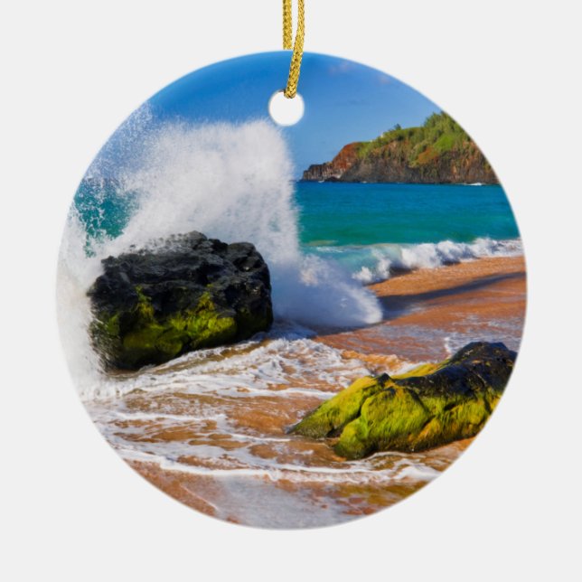 Waves crash on the beach, Hawaii Ceramic Ornament (Front)