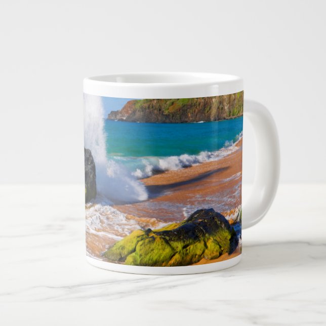 Waves crash on the beach, Hawaii Large Coffee Mug (Front Right)