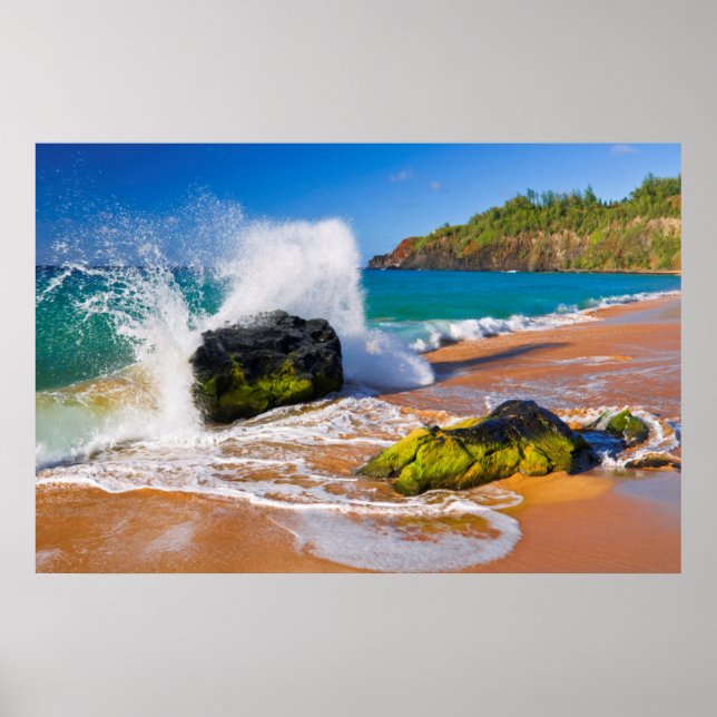 Waves crash on the beach, Hawaii Poster (Front)