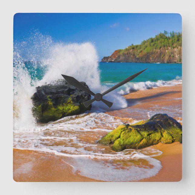 Waves crash on the beach, Hawaii Square Wall Clock (Front)