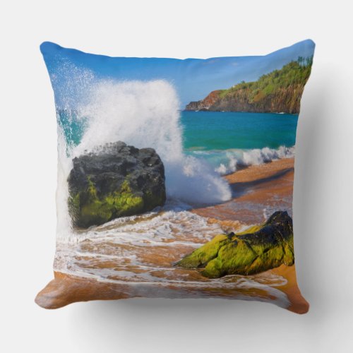Waves crash on the beach Hawaii Throw Pillow