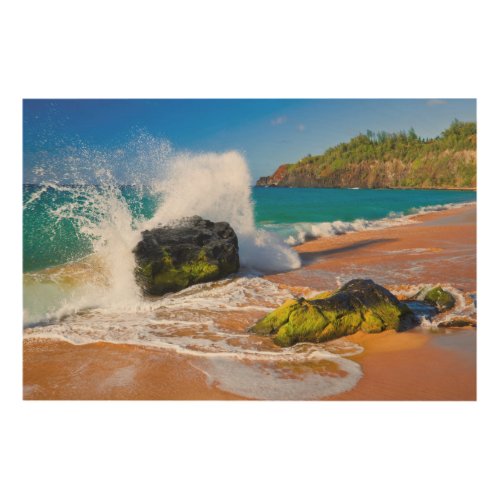 Waves crash on the beach Hawaii Wood Wall Art