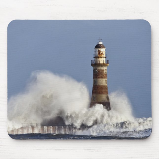 Waves Crashing Against Roker Lighthouse Mouse Pad (Front)