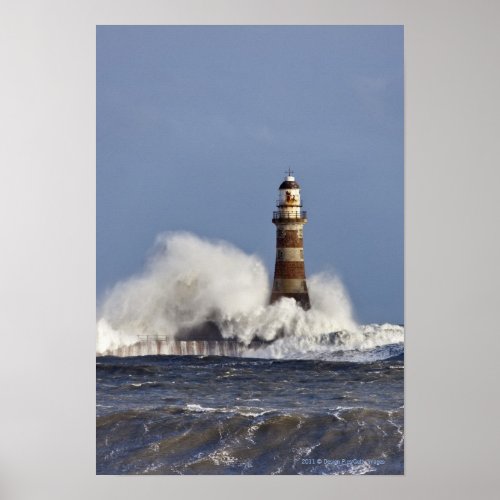 Waves Crashing Against Roker Lighthouse Poster