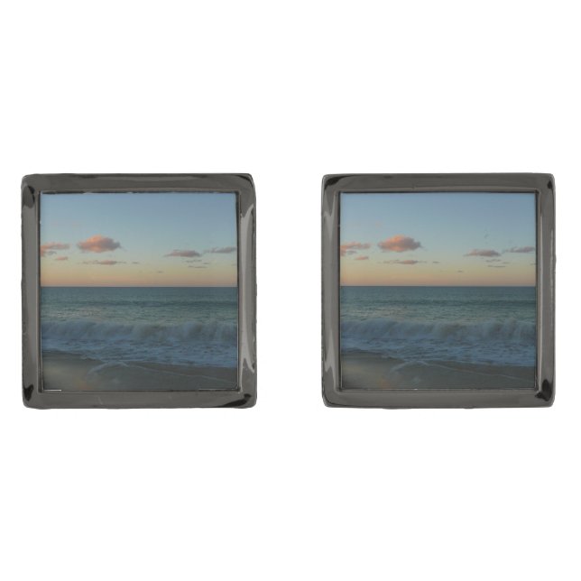Waves Crashing at Sunset Beach Landscape Gunmetal Finish Cufflinks (Front)