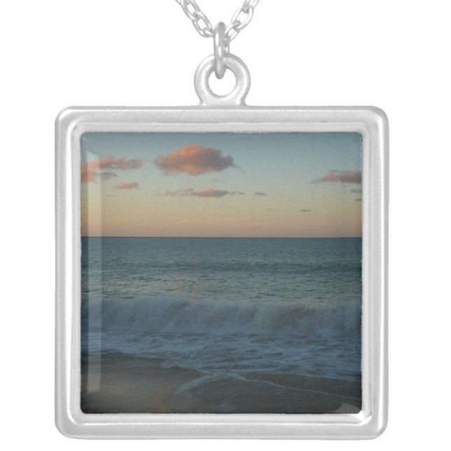 Waves Crashing at Sunset Beach Landscape Silver Plated Necklace (Front)