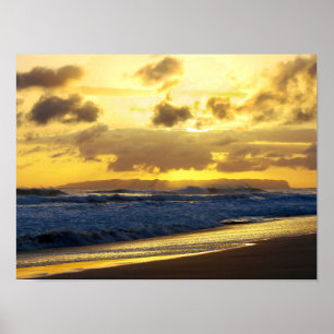 Waves Crashing on Kauai Beach at Sunset Poster