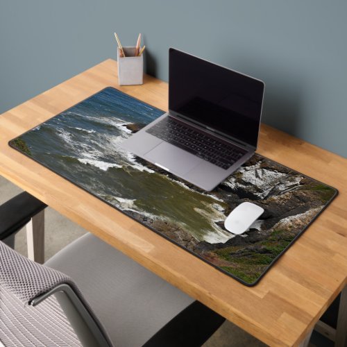 Waves Crashing on Rocky Coastline Desk Mat