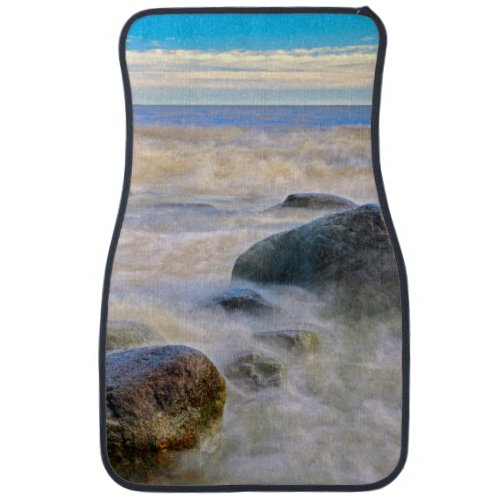 Waves crashing on shoreline rocks car floor mat