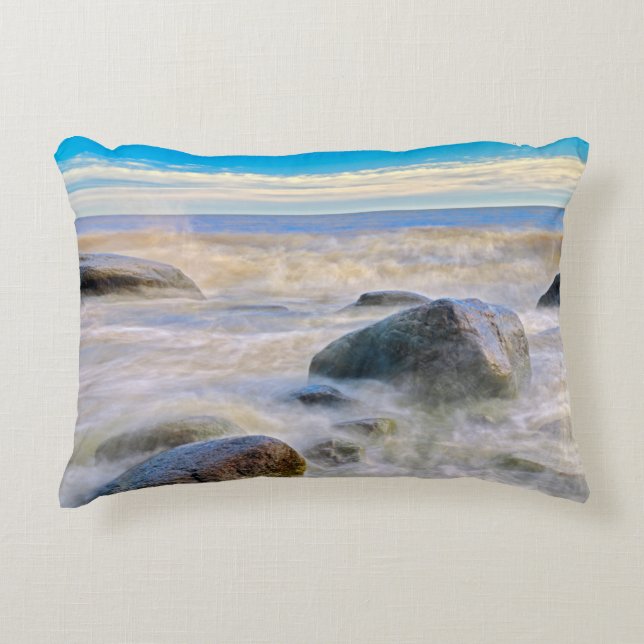 Waves crashing on shoreline rocks decorative pillow (Front)