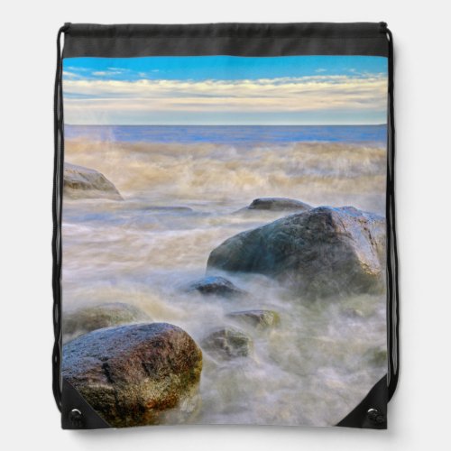 Waves crashing on shoreline rocks drawstring bag