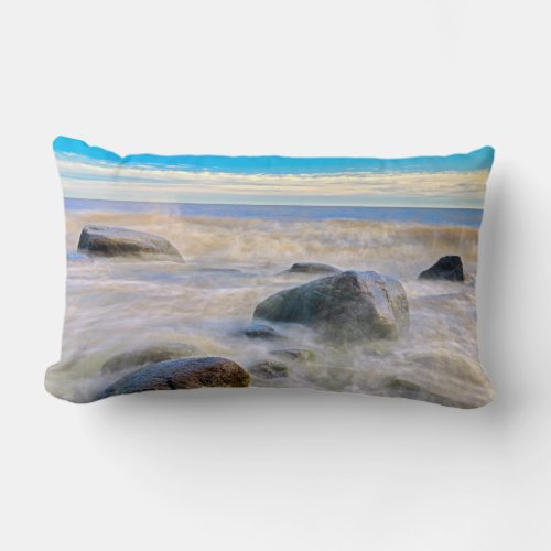Waves crashing on shoreline rocks lumbar pillow