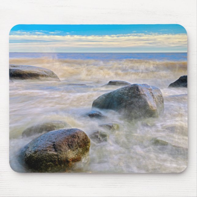 Waves crashing on shoreline rocks mouse pad (Front)