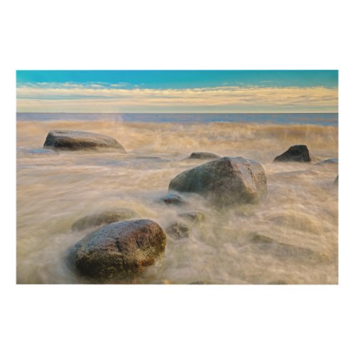 Waves crashing on shoreline rocks wood wall art