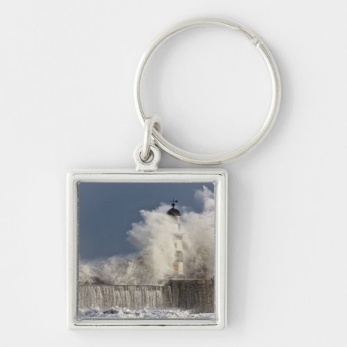 Waves Crashing Up Against A Lighthouse Keychain