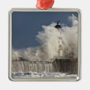 Waves Crashing Up Against A Lighthouse Metal Ornament