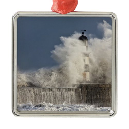 Waves Crashing Up Against A Lighthouse Metal Ornament