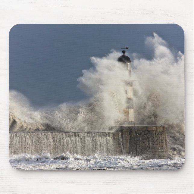 Waves Crashing Up Against A Lighthouse Mouse Pad (Front)