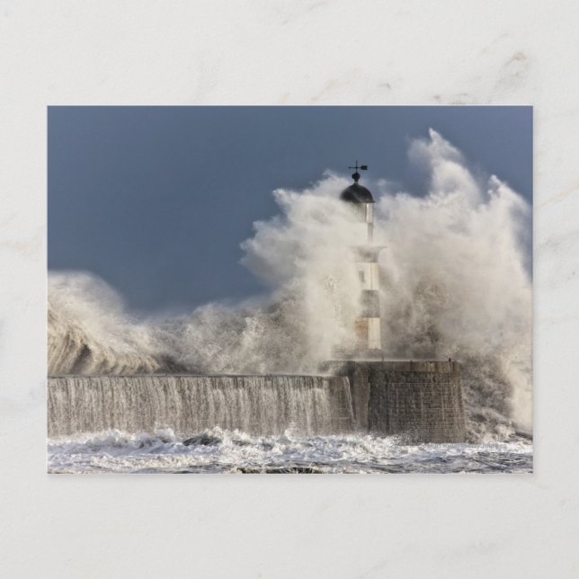 Waves Crashing Up Against A Lighthouse Postcard (Front)
