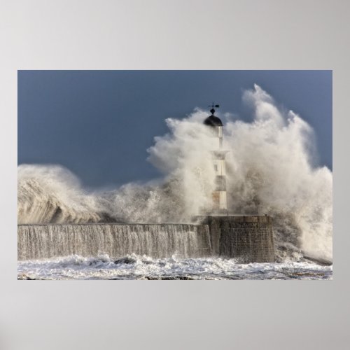 Waves Crashing Up Against A Lighthouse Poster