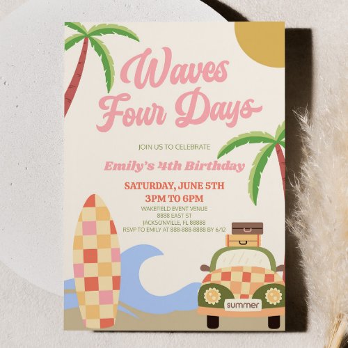 Waves Four Days Beach Surf 4th Birthday Party Invitation