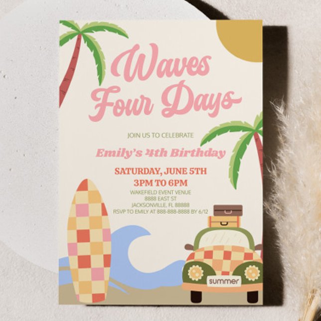 Waves Four Days Beach Surf 4th Birthday Party Invitation (Creator Uploaded)