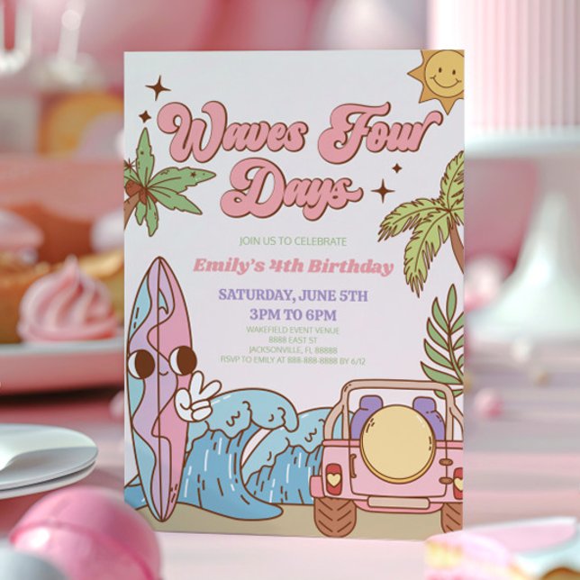 Waves Four Days Groovy Retro 4th Birthday Party Invitation (Creator Uploaded)