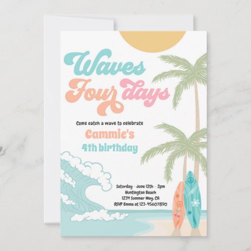 Waves Four Days Retro Surf Beach 4th Birthday Invitation