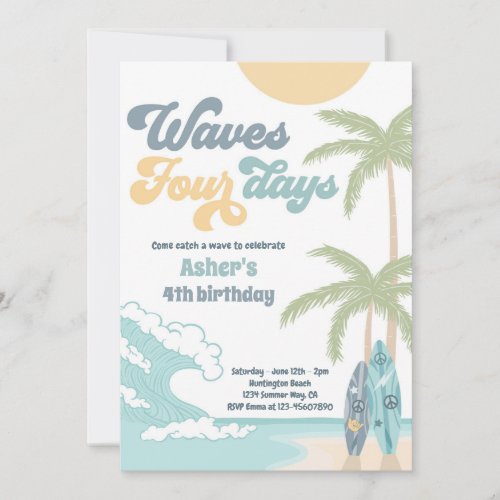 Waves Four Days Retro Surf Beach 4th Birthday Invitation