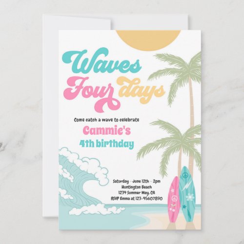 Waves Four Days Retro Surf Beach 4th Birthday Invitation