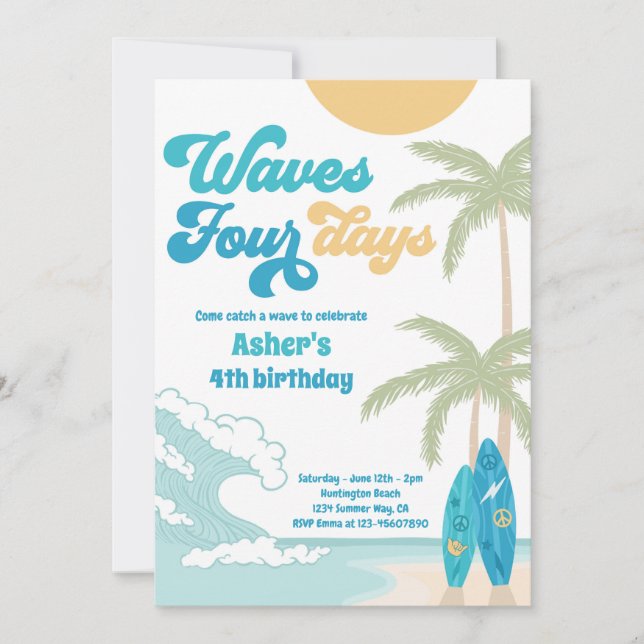 Waves Four Days Retro Surf Beach 4th Birthday Invitation (Front)