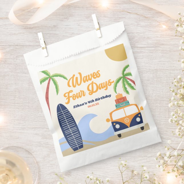 Waves Four Days Surf Blue 4th Birthday Party Favor Bag (Clipped)