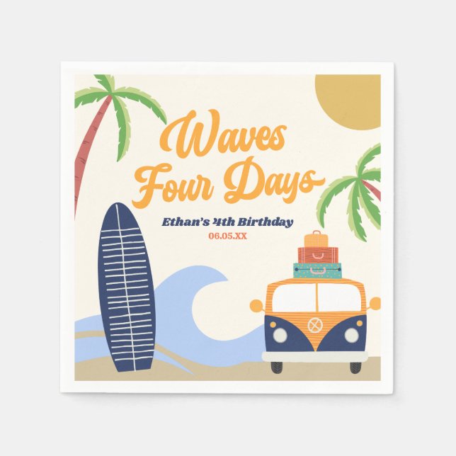 Waves Four Days Surf Blue 4th Birthday Party Napkins (Front)