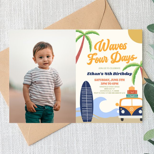 Waves Four Days Surf Board Blue 4th Birthday Party Invitation (Creator Uploaded)