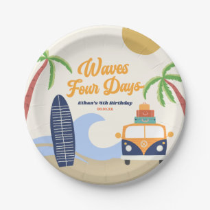 Waves Four Days Surf Board Blue 4th Birthday Party Paper Plates