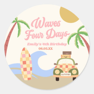 Waves Four Days Surf Board Pink 4th Birthday Party Classic Round Sticker